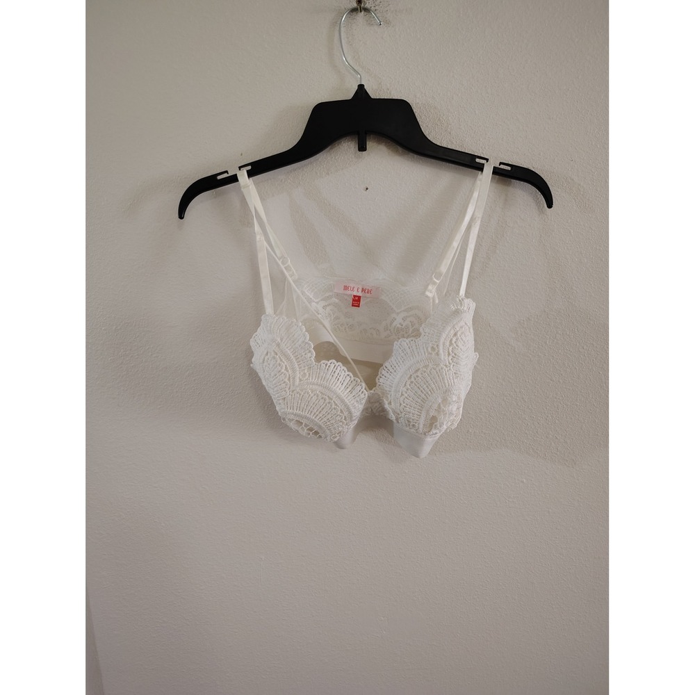 Mele & Pere White Lace Bralette Adjustable Straps Floral Scalloped Trim Size M